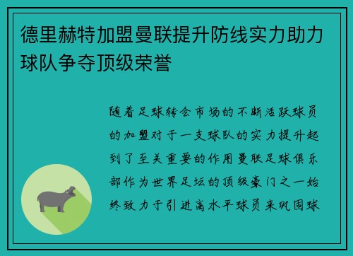 德里赫特加盟曼联提升防线实力助力球队争夺顶级荣誉 德里赫特加盟曼联提升防线实力助力球队争夺顶级荣誉