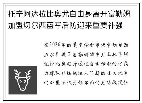 托辛阿达拉比奥尤自由身离开富勒姆加盟切尔西蓝军后防迎来重要补强